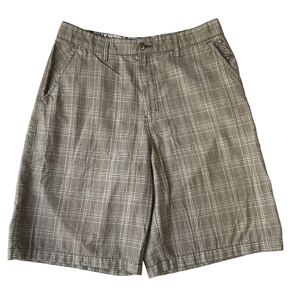 Tony Hawk Men Shorts Size 34 Brown Plaid Bermuda Button 11" Inseam
